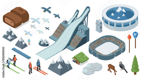 Isometric winter sports set with ski jump, stadiums and snowy mountains