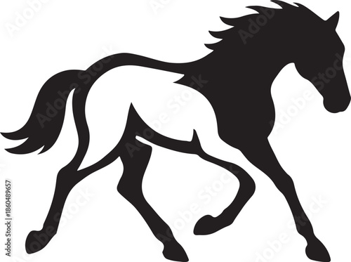Running horse silhouette vector, black white equine logo design illustration