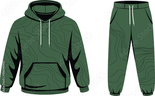 Hoodie, sweatpants, topographic, flame, green, black, fashion, sketch, front, back, silhouette, posture, gesture, setup, vector, pose, flavector, minimal, garment, technical, cad drawing flat vector