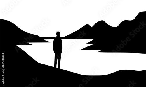 Silhouette of a man standing alone by a lake in the mountains, peaceful landscape with hiker looking at water and hills, serene nature background for mindfulness and travel