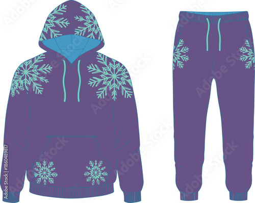 Hoodie, sweatpants, snowflake, winter, purple, blue, fashion, sketch, front, back, silhouette, posture, gesture, setup, vector, pose, flavector, minimal, garment, technical, cad drawing flat vector
