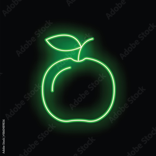 Green neon sign showing an apple with its leaf on black background