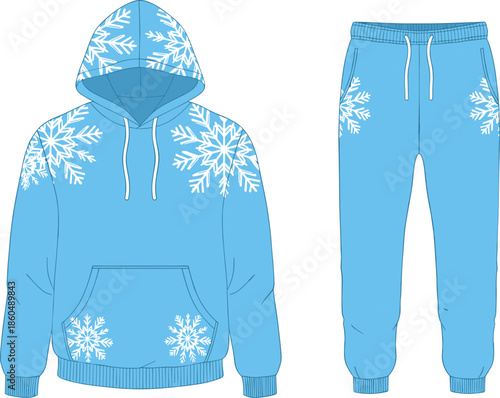 Hoodie, sweatpants, snowflake, winter, blue, white, fashion, sketch, front, back, silhouette, posture, gesture, setup, vector, pose, flavector, minimal, garment, technical, cad drawing flat vector