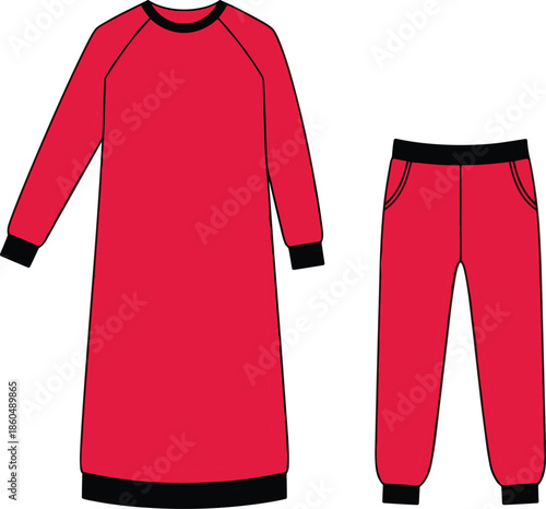 Nightgown, pajama pants, sleepwear, red, black, fashion, sketch, front, back, silhouette, posture, gesture, setup, vector, pose, flavector, minimal, garment, technical, flat, cad drawing flat vector