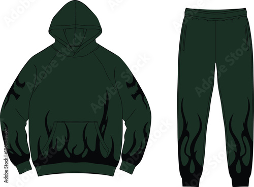 Hoodie, sweatpants, flame, green, black, fashion, sketch, front, back, silhouette, posture, gesture, setup, vector, pose, flavector, minimal, garment, technical, flat, cad drawing flat vector