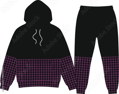 Hoodie, sweatpants, grid, purple, black, fashion, sketch, front, back, silhouette, posture, gesture, setup, vector, pose, flavector, minimal, garment, technical, flat, cad drawing flat vector