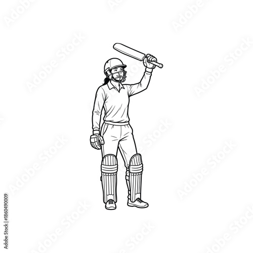 Female cricket player raising bat celebration pose sportswoman wearing helmet pads and gloves professional athlete line art illustration isolated on white background