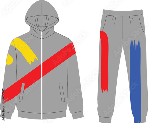 Tracksuit, hoodie, sweatpants, brushstroke, gray, red, yellow, blue, fashion, sketch, front, back, silhouette, posture, gesture, setup, vector, garment, technical, cad drawing flat vector