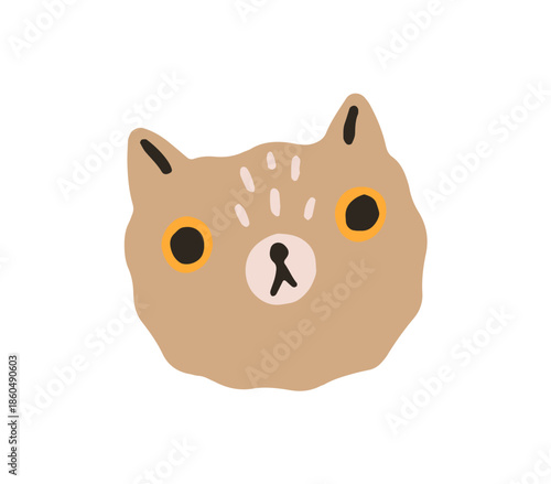 Funny face of cute cat with surprised emotions. Avatar of amazed kitty. Astonished muzzle of comic kitten. Silly expression of wondering pet. Flat hand drawn isolated vector illustration on white.