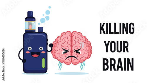 A cartoon vape character cheerfully presenting a stressed and dying brain, with text 'Killing Your Brain,' illustrating the dangers of vaping.