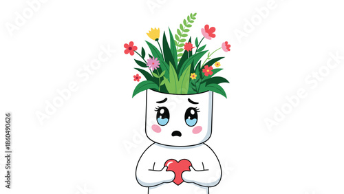 A cute and sad character with a pot of colorful flowers growing from its head, holding a red heart, symbolizing hope, growth, and love despite sadness.