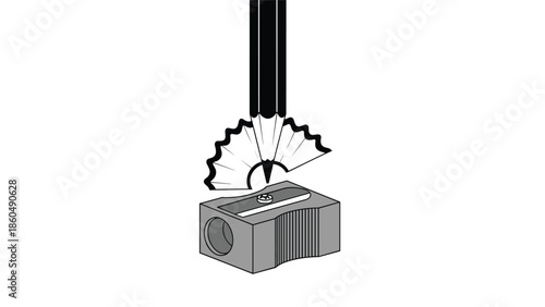 A monochrome illustration of a pencil being sharpened by a manual pencil sharpener, with wood shavings curling from the tip, isolated on a white background.