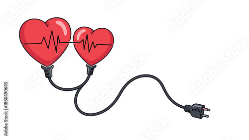 A concept illustration of two hearts with heartbeat lines connected by a stethoscope that ends in an electrical plug, symbolizing a life-giving connection.