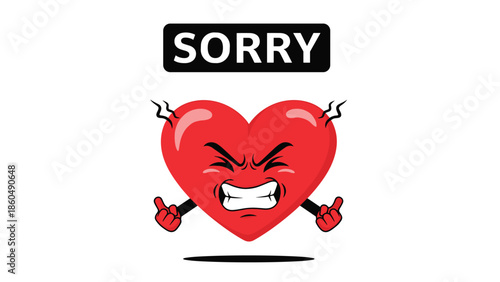An angry red heart character with a furious expression, showing middle fingers, under the word 'Sorry,' creating a sarcastic and ironic apology.
