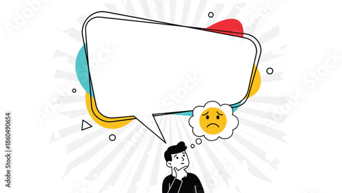 A pensive man thinking, with a large blank speech bubble for text and a smaller thought bubble containing a sad face, illustrating negative thoughts.