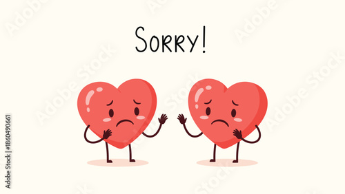 Two sad heart characters waving goodbye to each other with teary eyes under the word 'Sorry,' depicting a painful breakup, apology, or farewell.