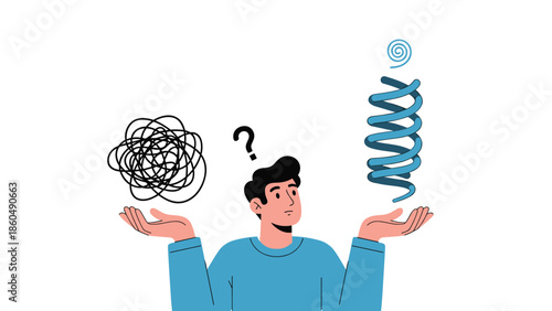 A man trying to solve a problem, holding a tangled mess in one hand and an orderly spiral in the other, symbolizing clarity, order, and solution.