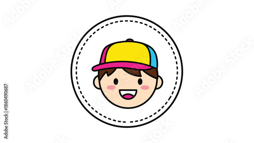 A cute cartoon avatar of a happy boy's face wearing a colorful pansexual pride flag cap, enclosed in a dashed circle frame.