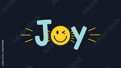 The word 'Joy' with a winking smiley face replacing the letter 'O,' a cheerful and positive graphic design on a dark blue background.