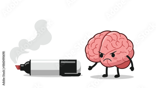 An angry cartoon brain character gesturing to stop a smoking permanent marker, illustrating the harmful effects of sniffing fumes on brain health.