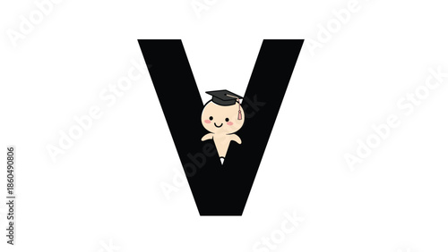 A cute and simple educational graphic for children, featuring a baby wearing a graduation cap peeking out from the letter 'V' of the alphabet.