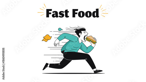 A man in a hurry running at full speed while eating a sandwich, with 'Fast Food' text above, humorously illustrating the concept of quick meals.
