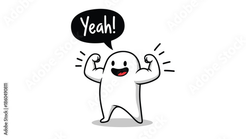 A happy and strong cartoon character flexing its muscular biceps and shouting 'Yeah!' in a speech bubble, conveying success, power, and excitement.