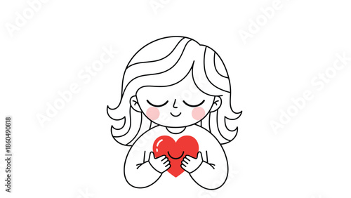 A simple and sweet black and white line art drawing of a girl with closed eyes, blushing and lovingly hugging a red heart to her chest.