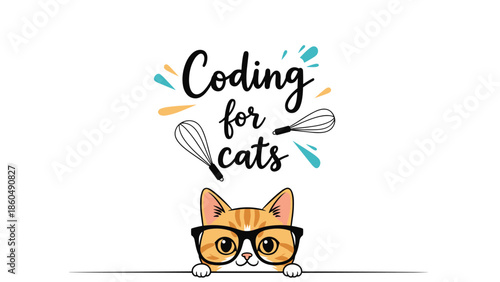 A cute peeking cat wearing glasses with the text 'Coding for cats,' a funny and charming logo or t-shirt design for programmers who love pets.