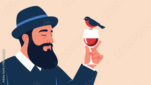 A bearded man in a fedora hat peacefully enjoying a glass of red wine, with a small bird perched on the rim of the glass.