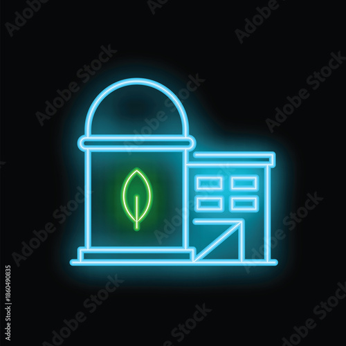 Neon icon representing a biogas plant and storage building, symbolizing renewable energy and sustainable practices