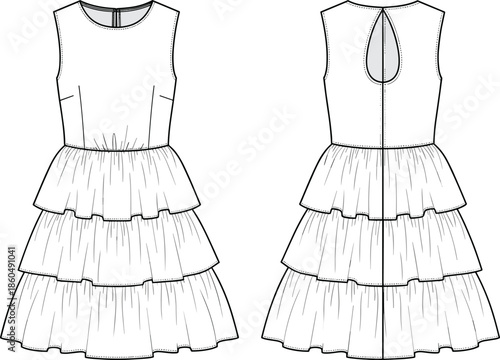 Women sleeveless layered ruffle dress technical fashion flat sketch, front and back view apparel illustration