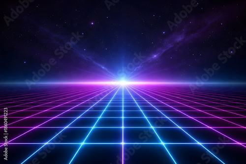 Neon Grid Horizon: A radiant perspective, with lines, forming an infinite grid, stretching towards a celestial beacon of light, is framed by a luminous night sky.