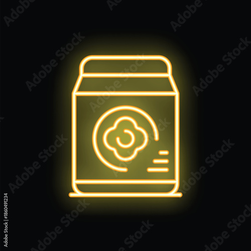 Glowing neon line laundry detergent for automatic wash machine icon isolated on black background. Vector