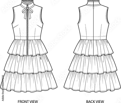 Women sleeveless tiered dress technical drawing, front back view fashion flat sketch, high neck ruffle skirt illustration
