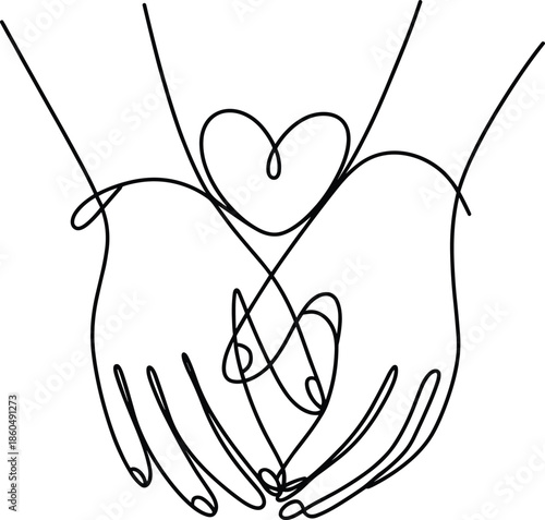 Title: Hand holding a heart shape with additional heart shapes inside in a black and white line
