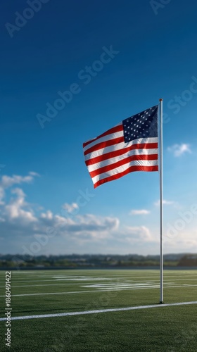 USA Flag Waving on Football Field Against Clear Blue Sky in Bright Daylight