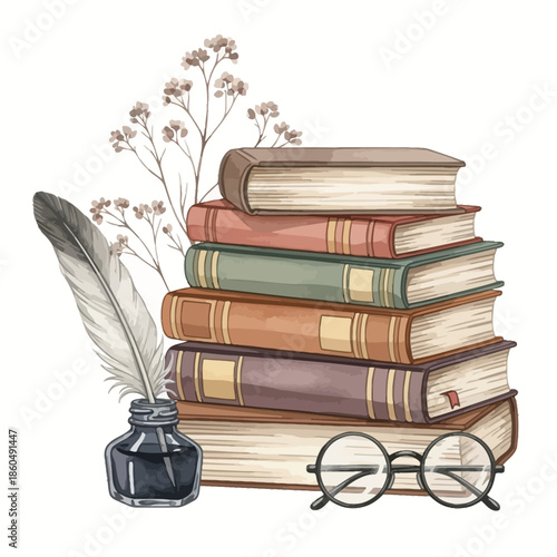 Watercolor Vintage Books with Feather Quill Illustration