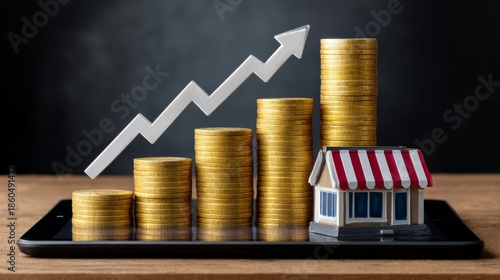 Graphical representation of financial growth with stacked coins on a smartphone displaying an upward trend and a miniature house in front