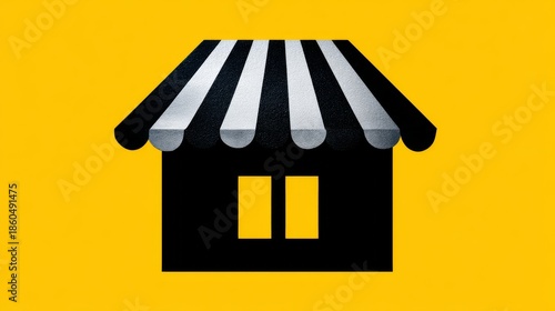 Iconic representation of a small shop against a vibrant yellow background, featuring a striped awning and window