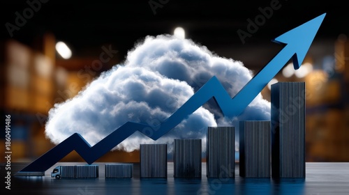 An illustrative representation of growth, features a blue arrow rising through stylized clouds above metallic bar graphs against a blurred warehouse
