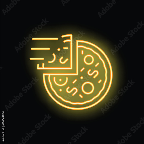 Glowing neon sign of fast food with delicious pizza slice moving directly to customer