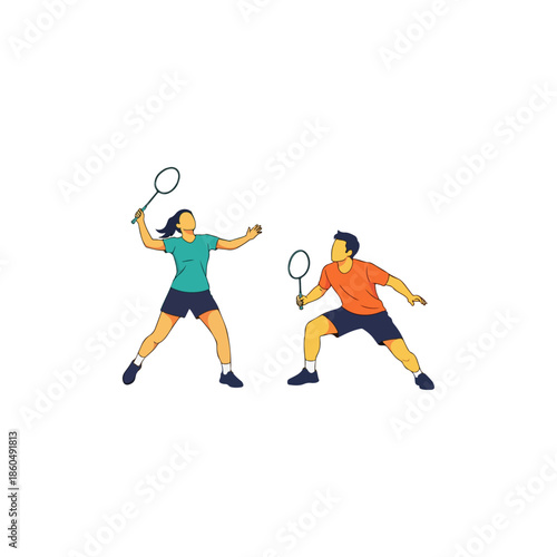 Badminton players in action, male and female athletes enjoying competitive sport, active lifestyle
