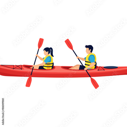 Couple enjoying a recreational water sport, kayaking in a red tandem kayak, paddling together outdoors.