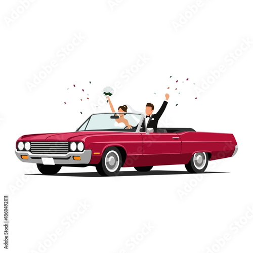 Happy newlywed couple celebrating their wedding in a classic red convertible car, confetti falling