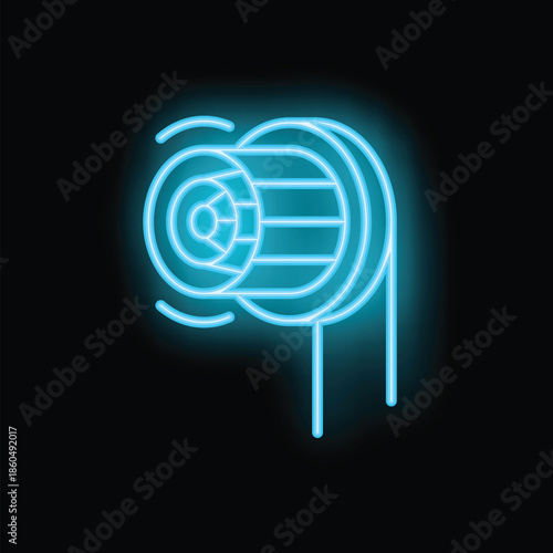 Blue neon icon of an industrial electric engine motor rotating on black background