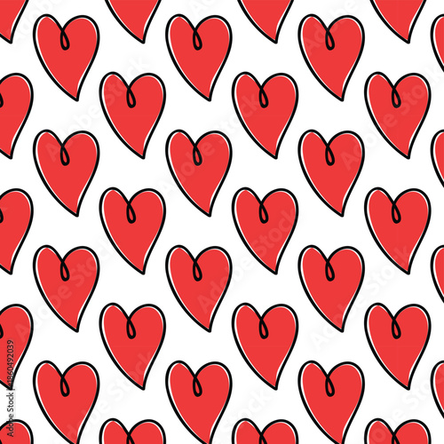Seamless Red Heart Pattern with Black Outline for Valentine, Romance, and Design Projects