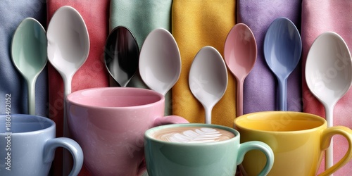 A vibrant arrangement of pastel ceramic cups and matching spoons against a backdrop of glimmering fabric in various colors