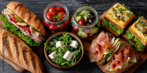A variety of rustic picnic foods including sandwiches, salads, and fruits arranged on wooden surfaces