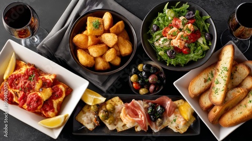 A vibrant spread of assorted tapas featuring golden potatoes, fresh salad, grilled fish, and savory breads, garnished with herbs